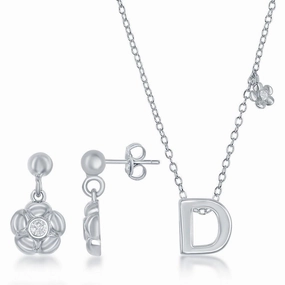 Sterling Silver Shiny "D" Necklace and Earrings Set