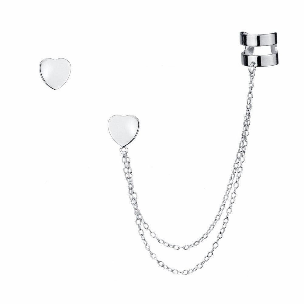 Sterling Silver Single Stud with Cuff Heart Earrings