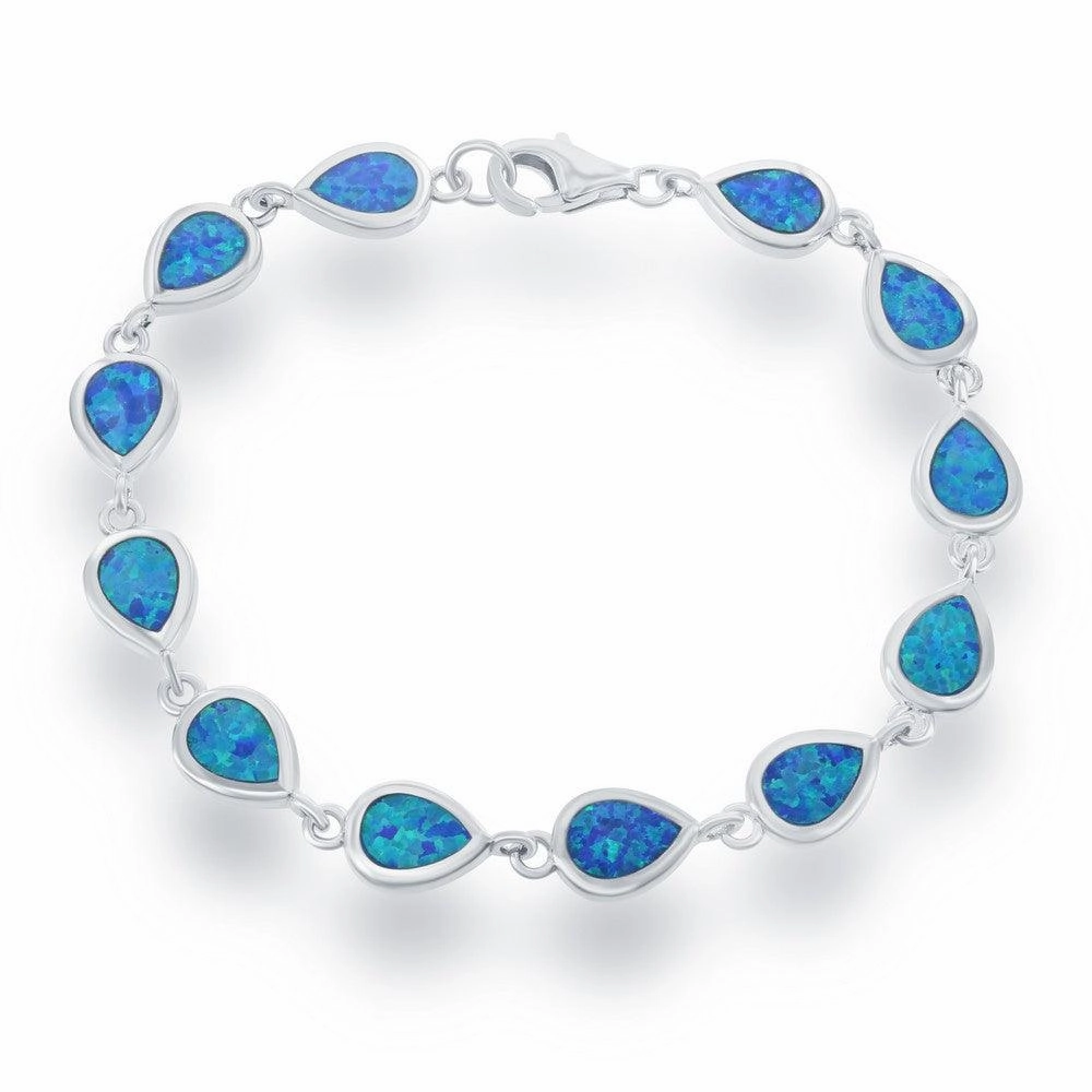 Sterling Silver Small Blue Inlay Opal Teardrop Link Bracelet, 7"