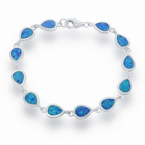 Sterling Silver Small Blue Inlay Opal Teardrop Link Bracelet, 7"