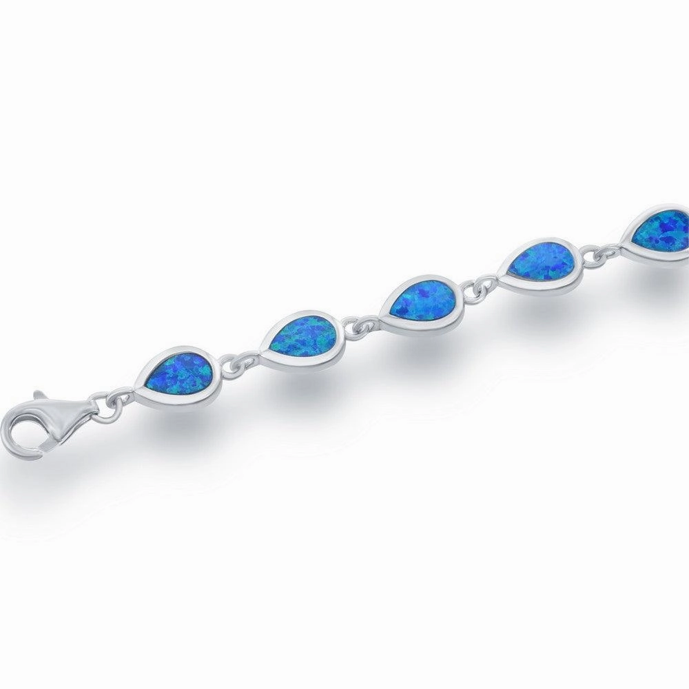 Sterling Silver Small Blue Inlay Opal Teardrop Link Bracelet, 7"