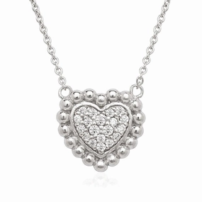 Sterling Silver Small CZ Heart with Beaded Border Necklace