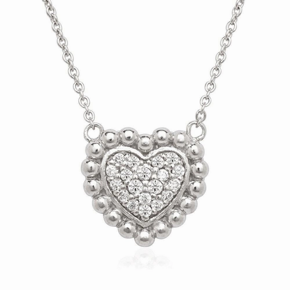 Sterling Silver Small CZ Heart with Beaded Border Necklace