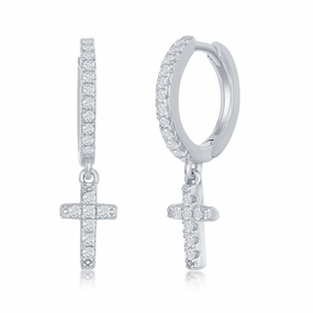 Sterling Silver Small Huggie Hoop CZ Cross Earrings