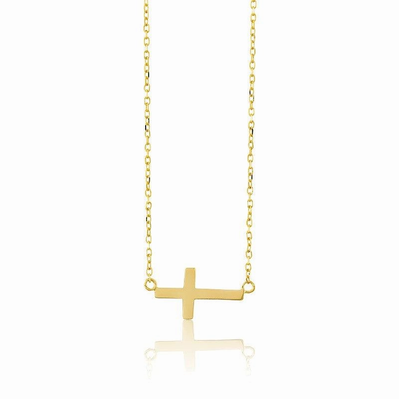 Sterling Silver Small Sideways Cross Necklace - Gold Plated