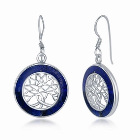 Sterling Silver Small Tree of Life Round Earrings - Lapis