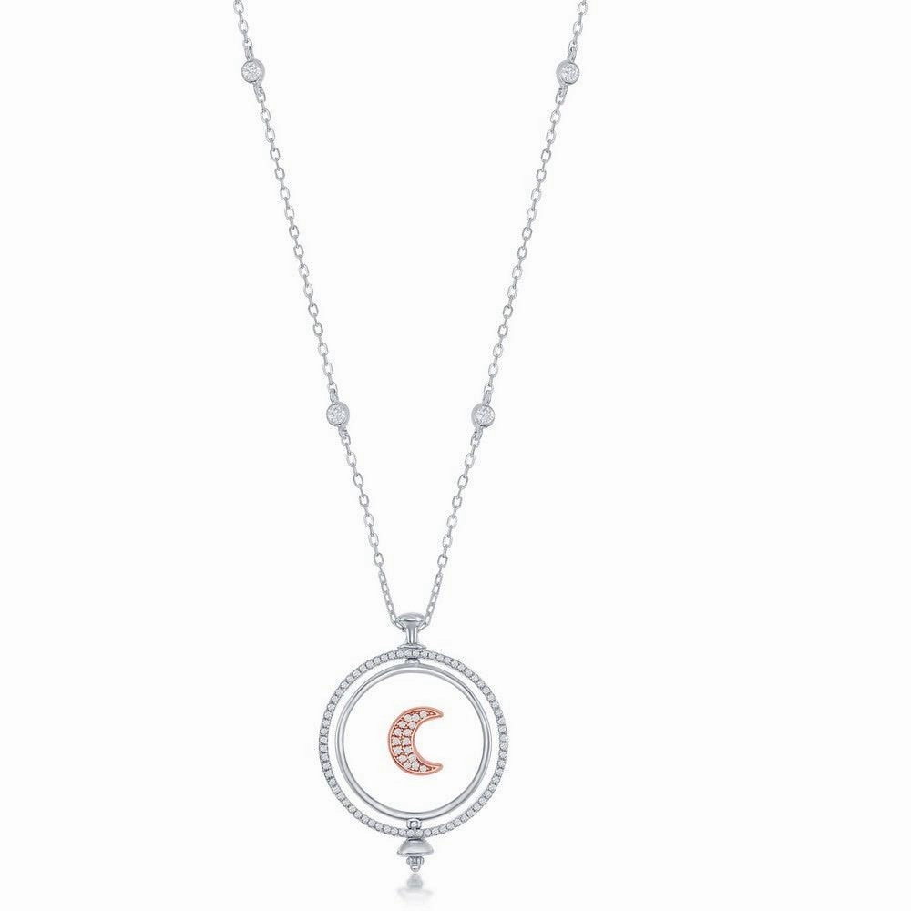 Sterling Silver Spinning Disc Crescent Moon with CZ Necklace