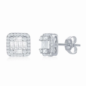 Sterling Silver Square Baguette CZ Stud Earrings