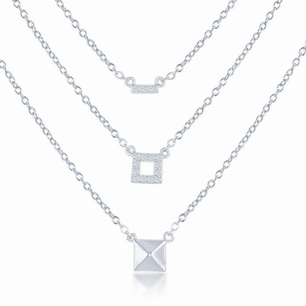 Sterling Silver Square Triple Chain with CZ Necklace