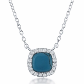 Sterling Silver Square Turquoise with CZ Border Necklace