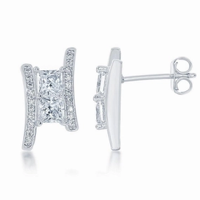 Sterling Silver Square Two Stone CZ Earrings