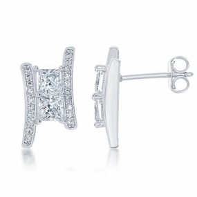 Sterling Silver Square Two Stone CZ Earrings