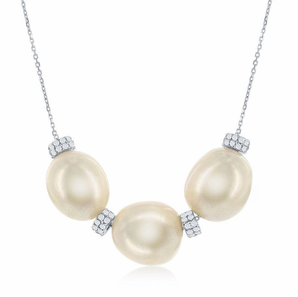 Sterling Silver Three Fresh Water Pearl and CZ Necklace