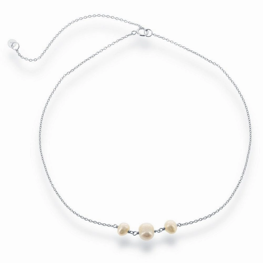 Sterling Silver Three Station Freshwater Pearls Choker Necklace