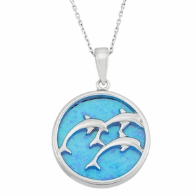 Sterling Silver Tree Leaping Dolphins Disc Pendant
