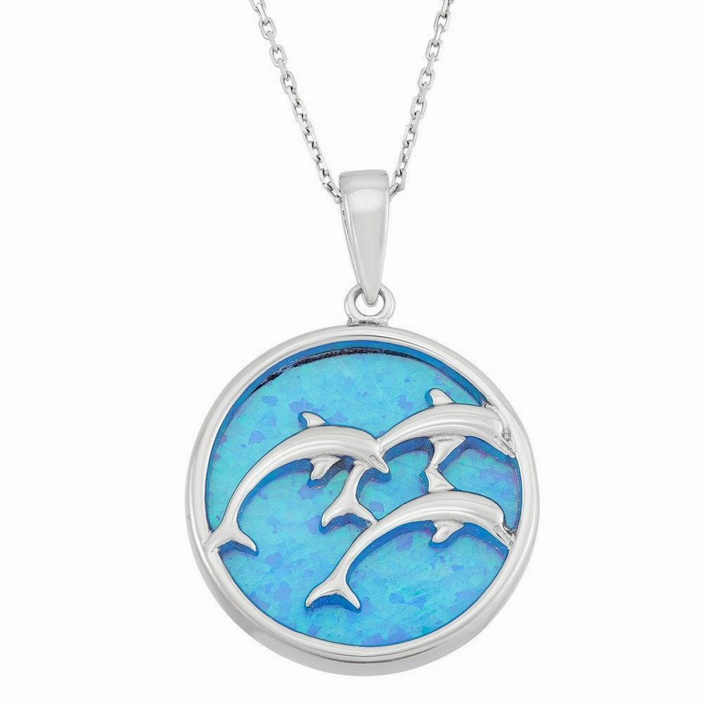 Sterling Silver Tree Leaping Dolphins Disc Pendant