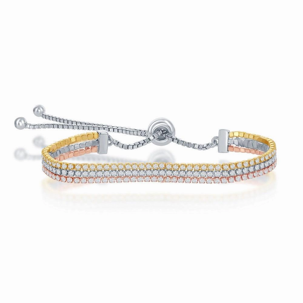 Sterling Silver Tri-Color Three Strand Tennis Adjustable Bracelet