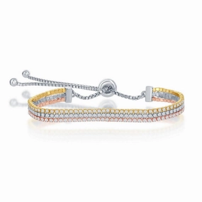 Sterling Silver Tri-Color Three Strand Tennis Adjustable Bracelet