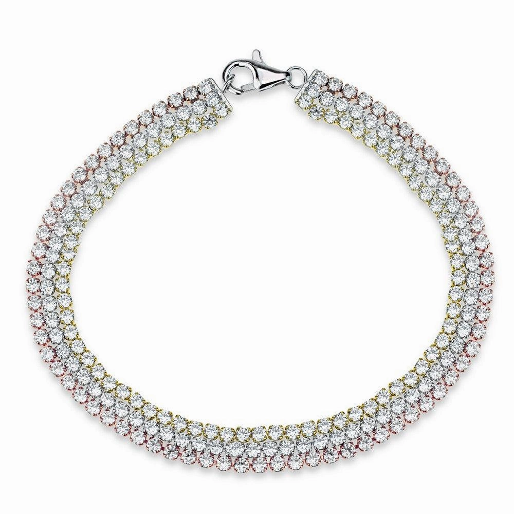 Sterling Silver Tri Color Triple Row CZ Tennis Bracelet, 7"