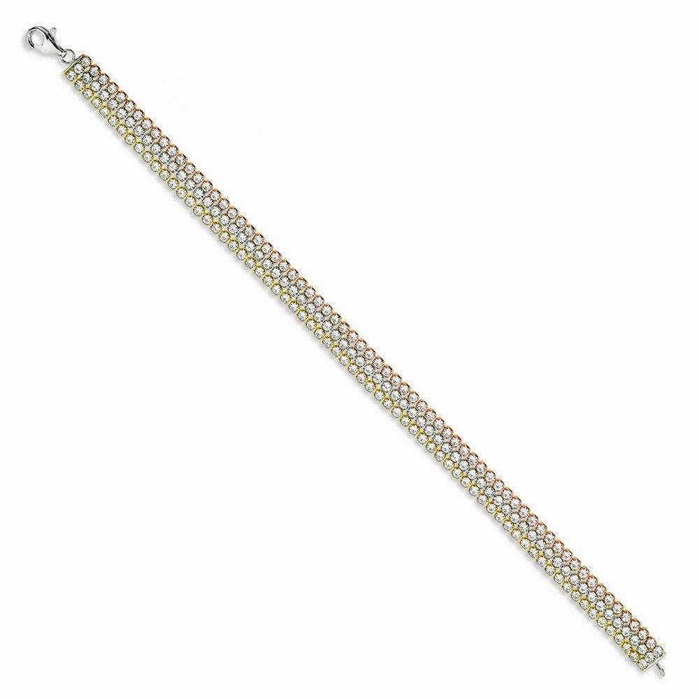 Sterling Silver Tri Color Triple Row CZ Tennis Bracelet, 7"