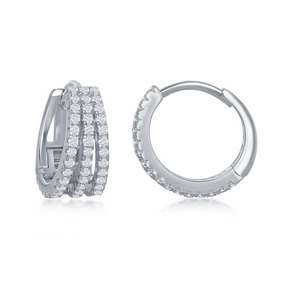 Sterling Silver Triple Row CZ Small Hoop Earrings
