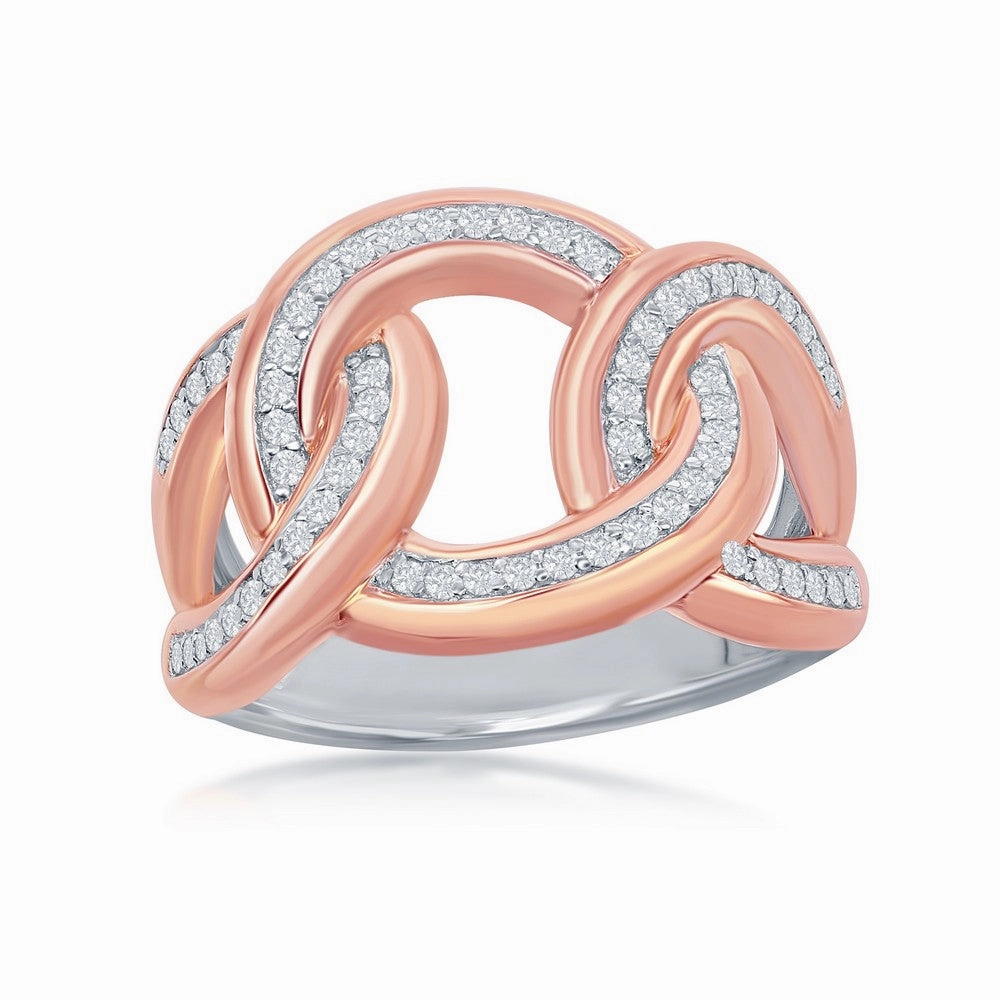 Sterling Silver TT Large Interlocking Curb Link CZ Ring - W-2052
