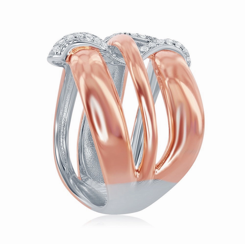 Sterling Silver TT Triple Wave Design CZ Ring - W-1869