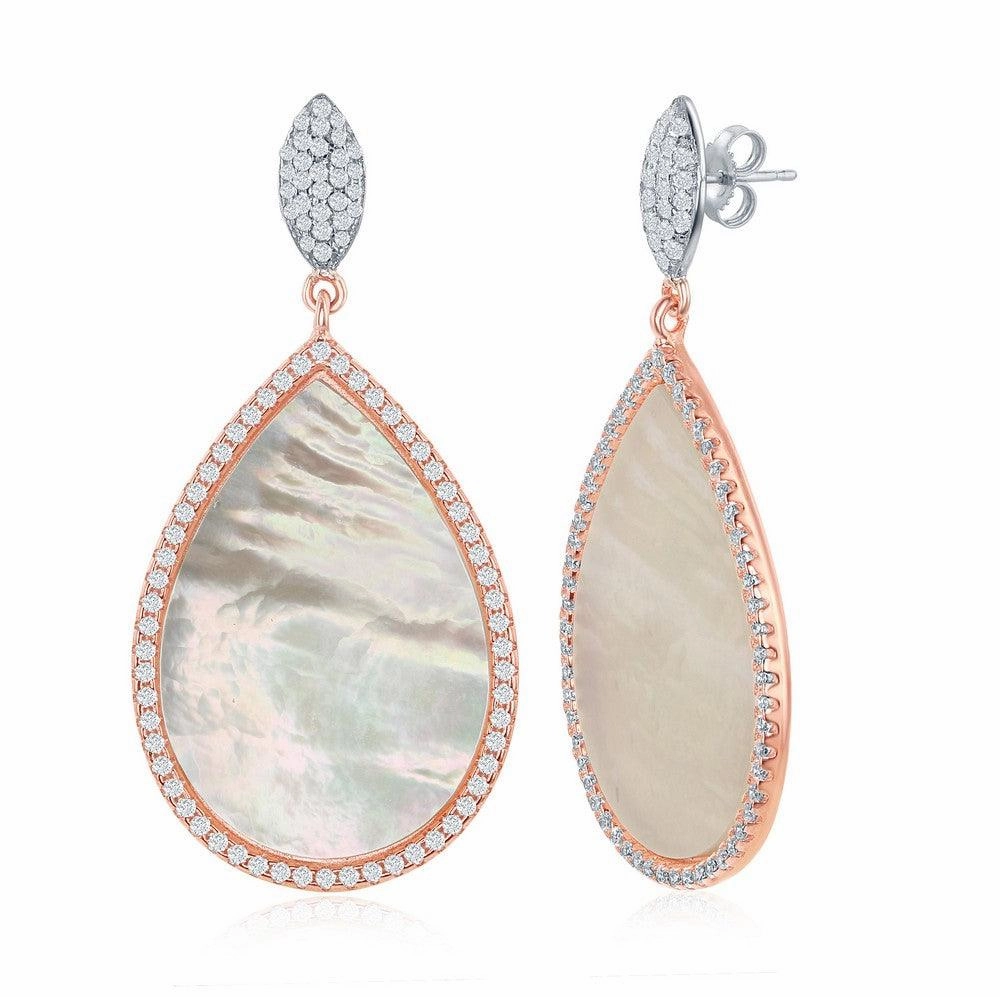 Sterling Silver Two Tone MOP Teardrop CZ Earrings