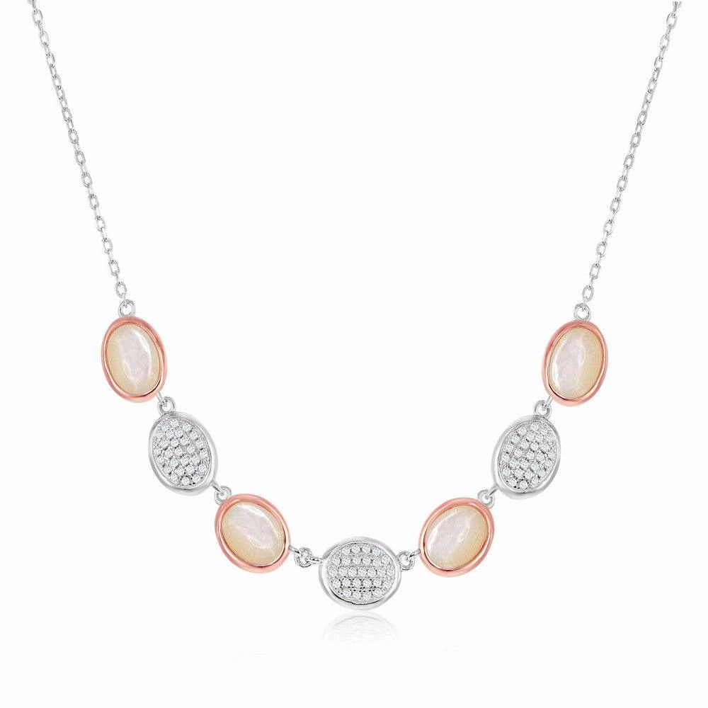 Sterling Silver Two-Tone Oval Micro Pave and MOP Necklace