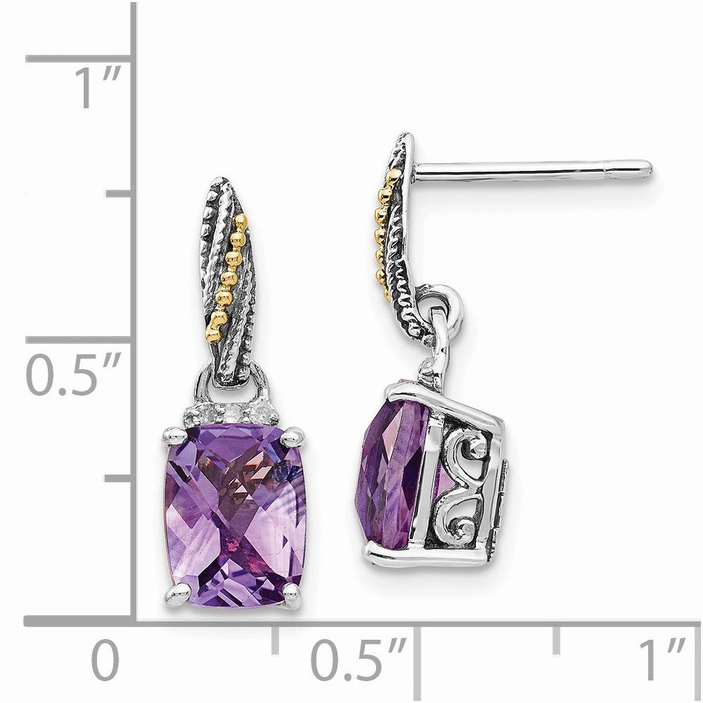 Sterling Silver w/14k Diamond and Amethyst Dangle Post Earrings