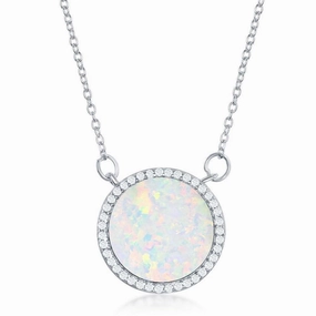 Sterling Silver White Inlay Opal Circle with CZ Border Necklace