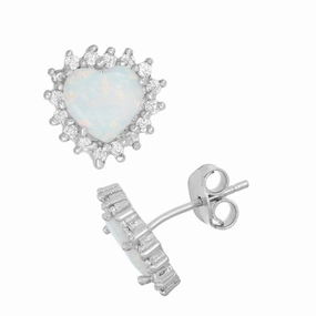 Sterling Silver White Inlay Opal Heart Earrings