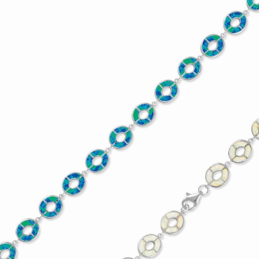 Sterling Silver White Inlay Opal Open Round Link Bracelet, 7"
