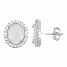 Sterling Silver White Inlay Opal Oval Stud Earrings