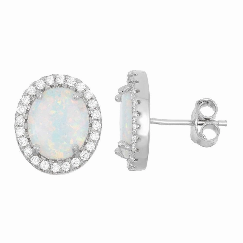 Sterling Silver White Inlay Opal Oval Stud Earrings