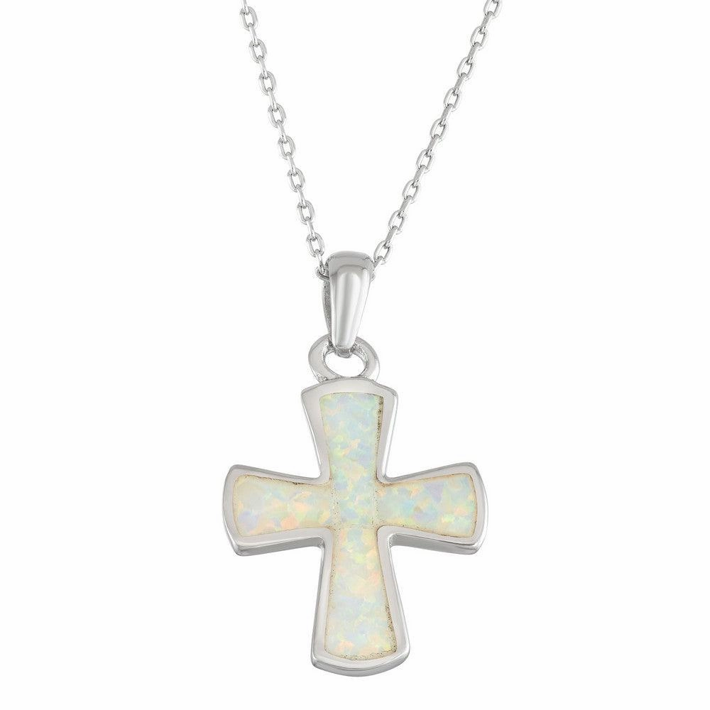 Sterling Silver White Inlay Opal Rounded Cross Pendant