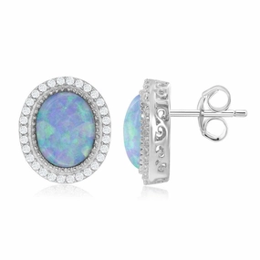 Sterling Silver White Oval Opal CZ Border Earrings