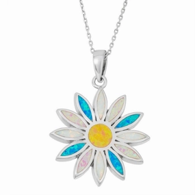Sterling Silver White; Pink; and Blue Inlay Opal Sun Pendant