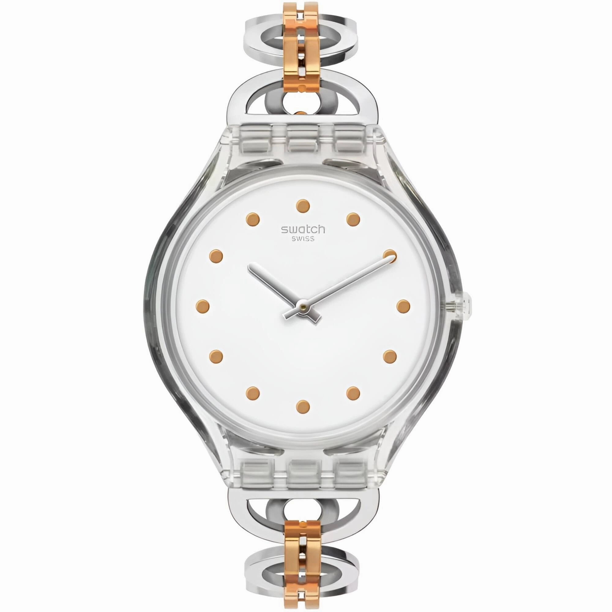 Swatch Women's Watch - Skin Skinring Quartz White Dial Two Tone Bracelet | SVOK102G