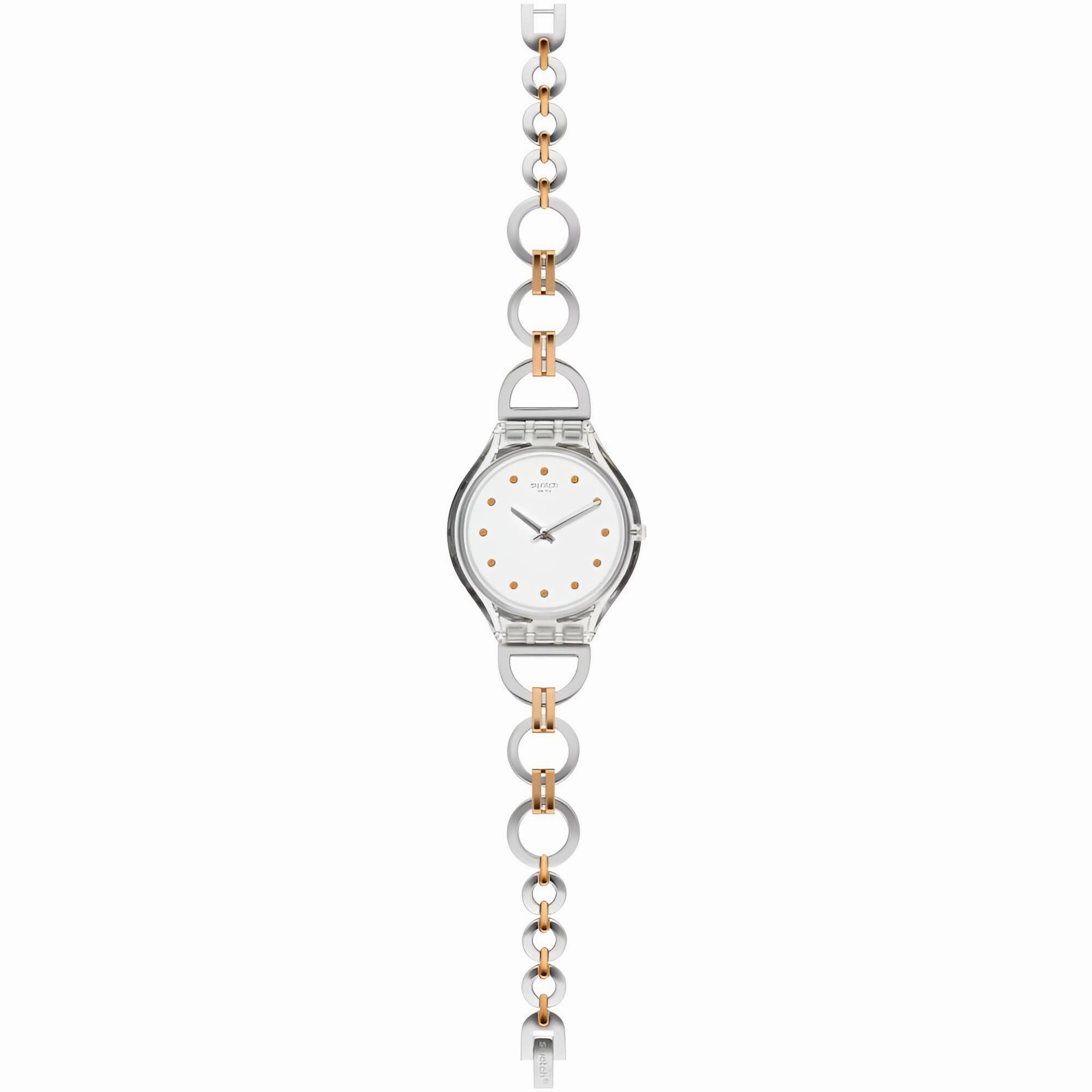 Swatch Women's Watch - Skin Skinring Quartz White Dial Two Tone Bracelet | SVOK102G