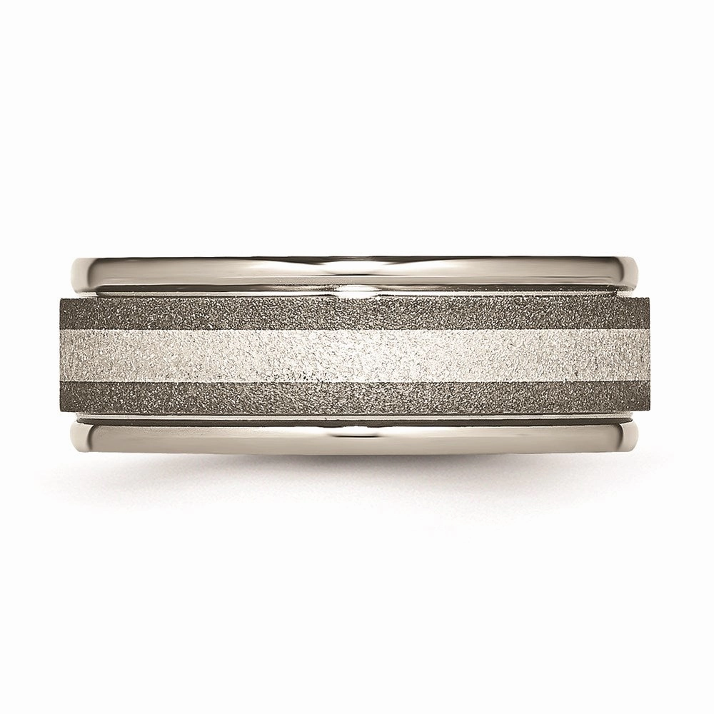 Titanium Polished /Stone Finish Center Grooved Edge Sterling Inlay Band | TB83