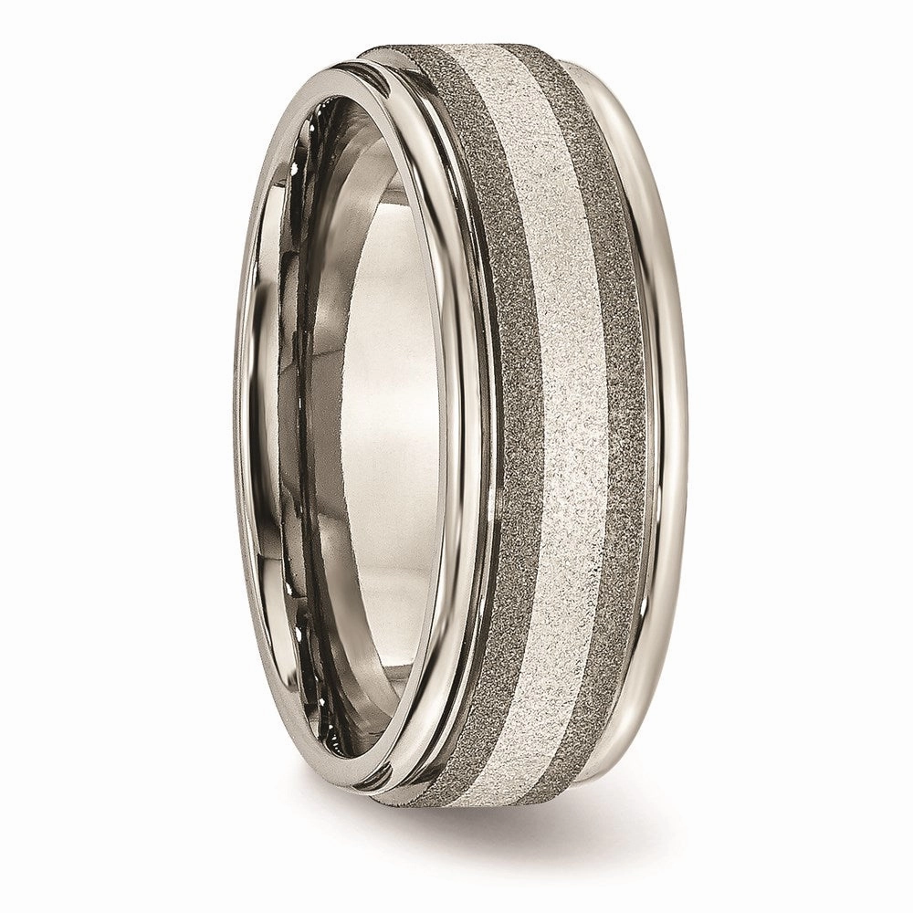 Titanium Polished /Stone Finish Center Grooved Edge Sterling Inlay Band | TB83