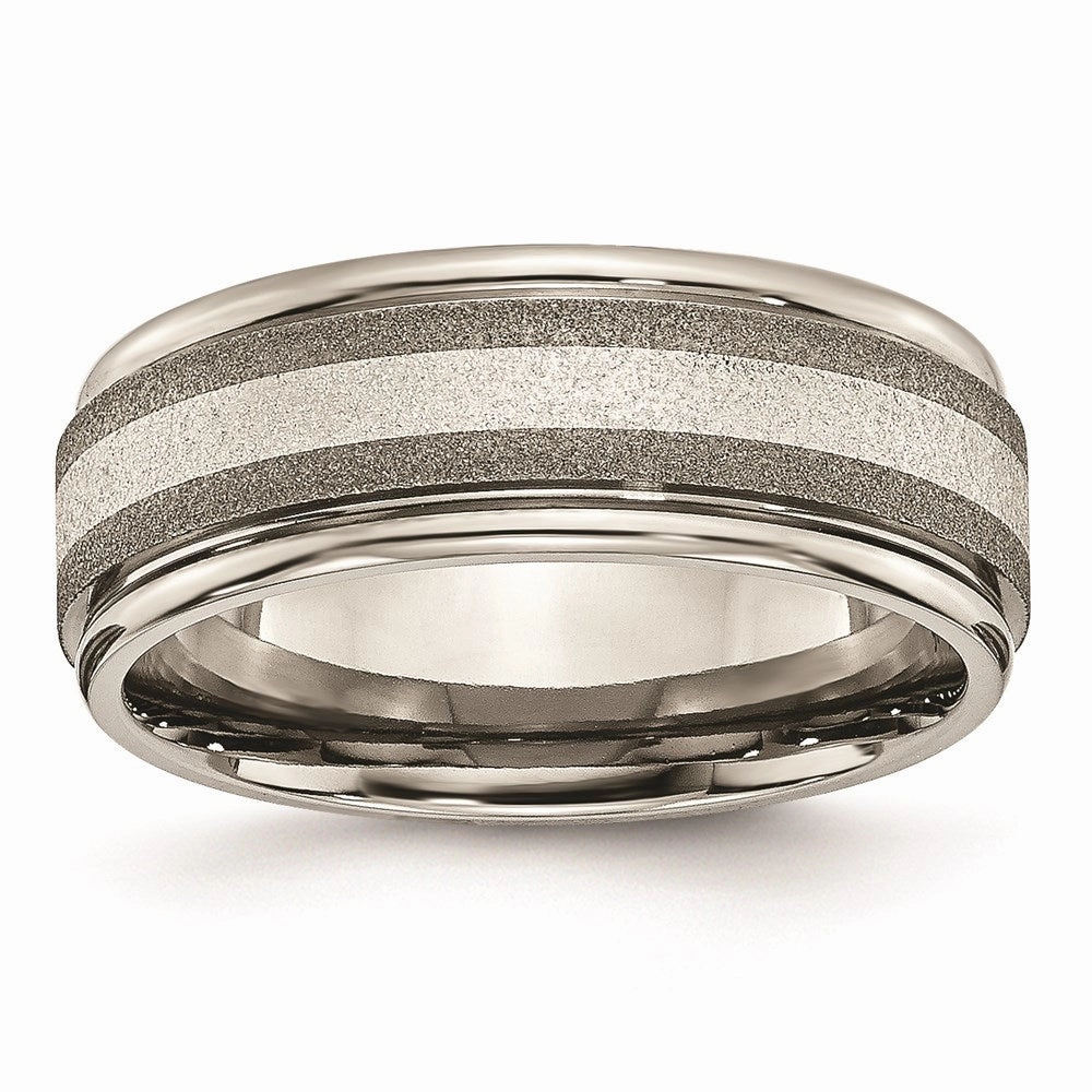 Titanium Polished /Stone Finish Center Grooved Edge Sterling Inlay Band | TB83