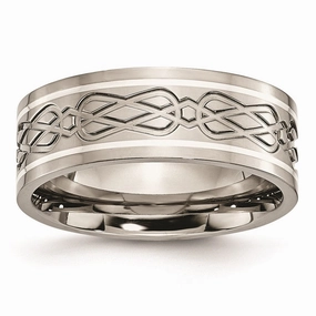 Titanium Sterling Silver Inlay Celtic Knot Flat 8mm Polished Band | TB79