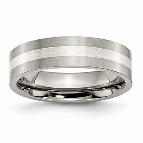 Titanium Sterling Silver Inlay Flat 6mm Brushed Band | TB206