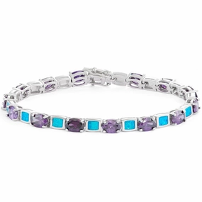 Women's Bracelet - Silver Alternating Blue Opal and Amethyst CZ | T-7272