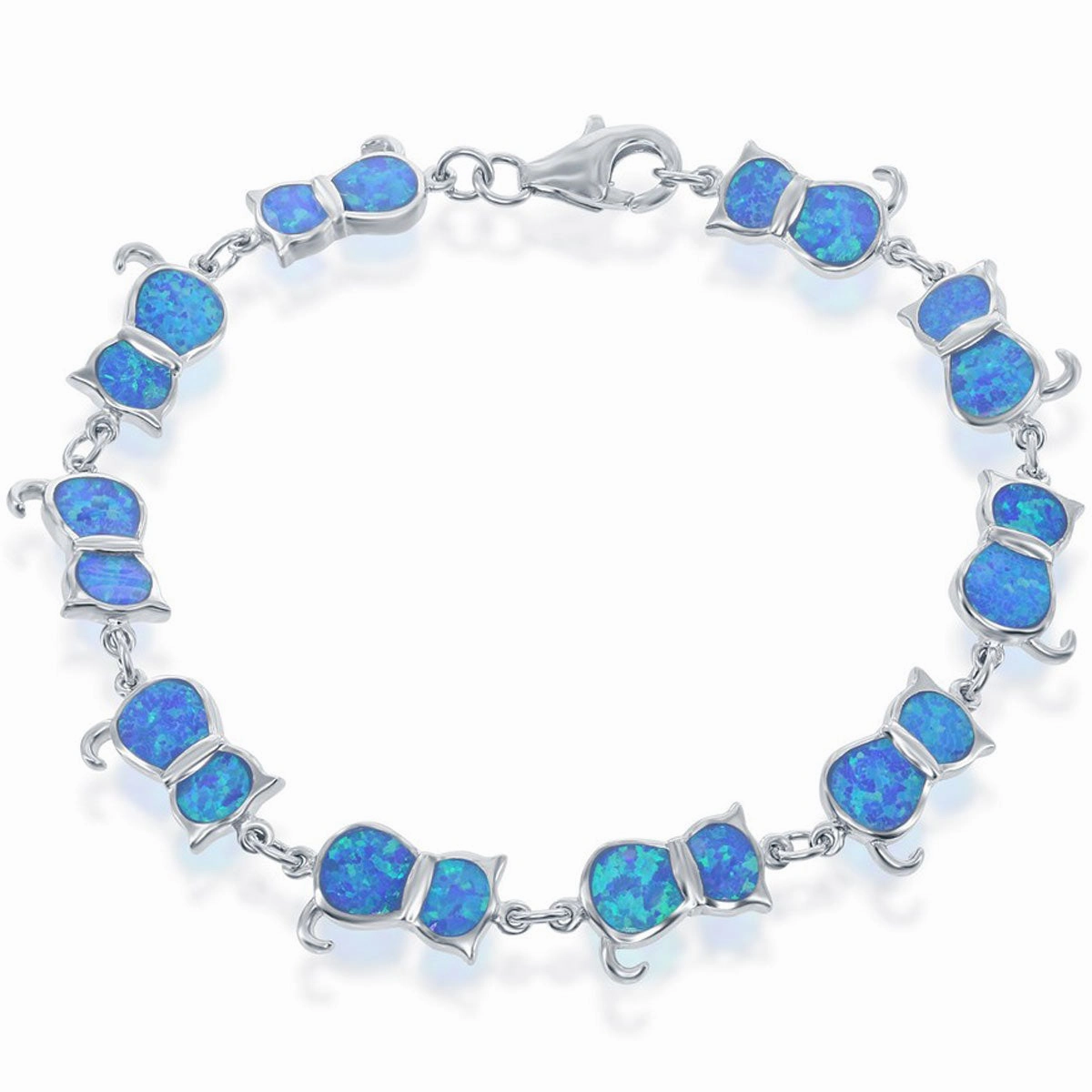 Women's Bracelet - Sterling Silver Blue Inlay Opal Cat Print Linked | T-7856