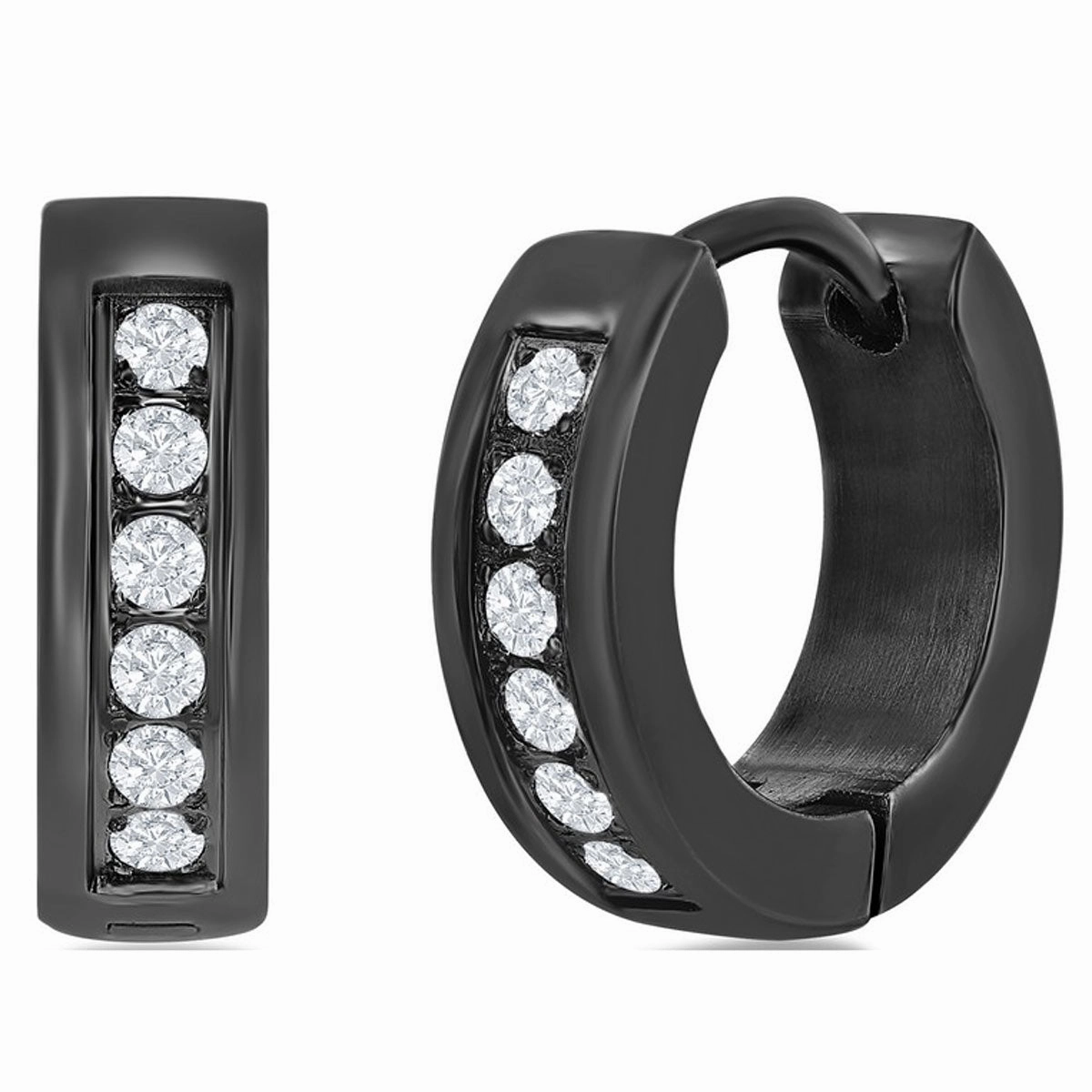 Women's Earrings - Black Steel 13mm Hoop Single Row CZ | SA-6077