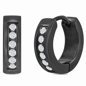 Women's Earrings - Black Steel 13mm Hoop Single Row CZ | SA-6077