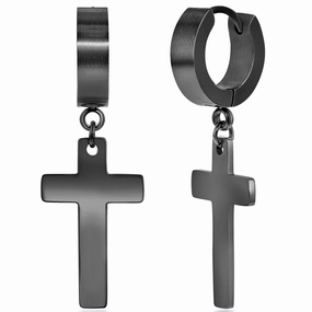 Women's Earrings - Black Steel Cross Charm Huggie Hoop | SA-6085
